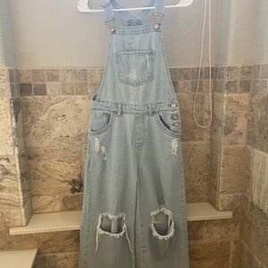 Girls Wide Leg Baggy Denim Overalls
